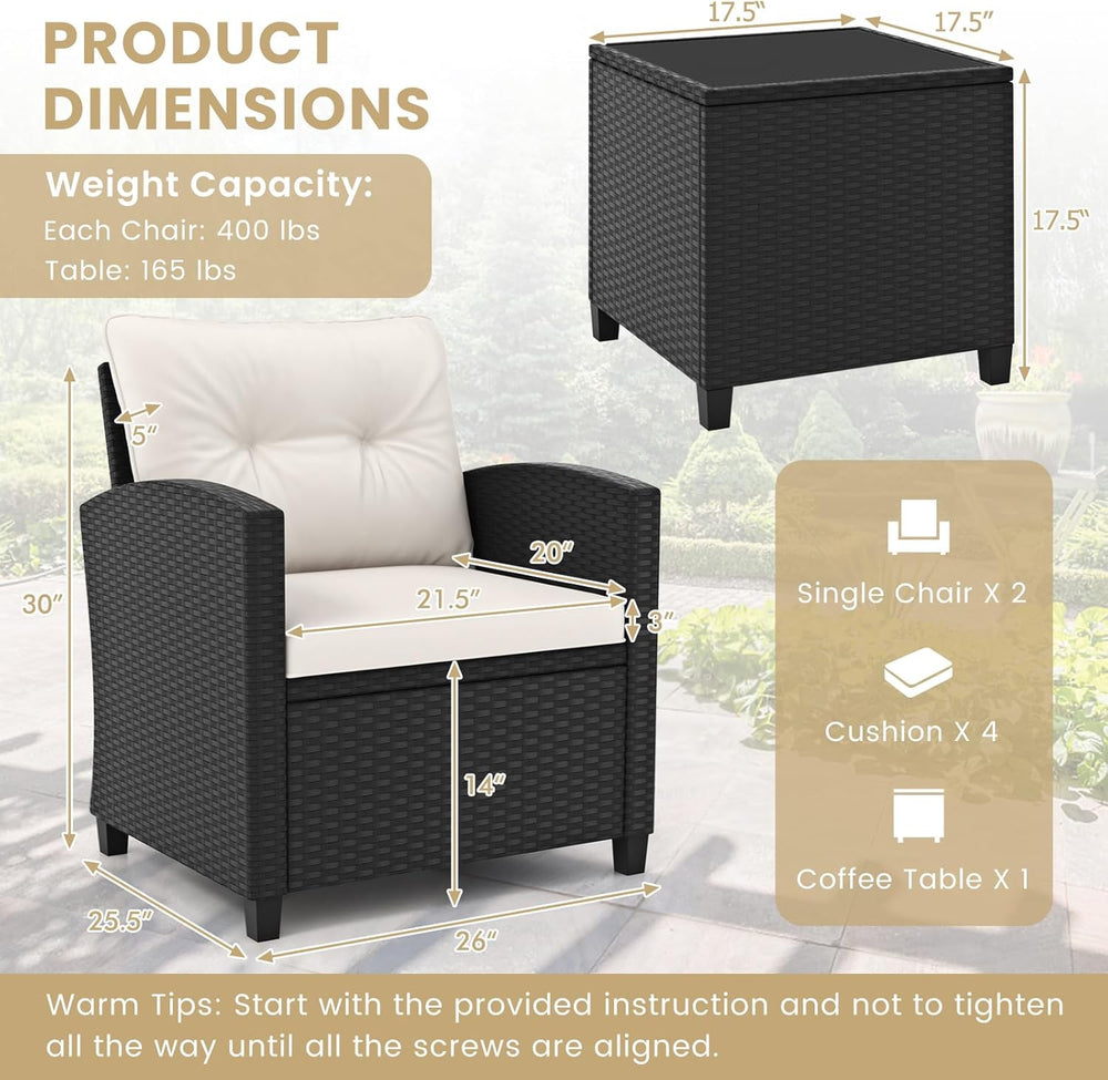ORALNER 3 Pieces Patio Furniture Set, Black Wicker Bistro Set (White)