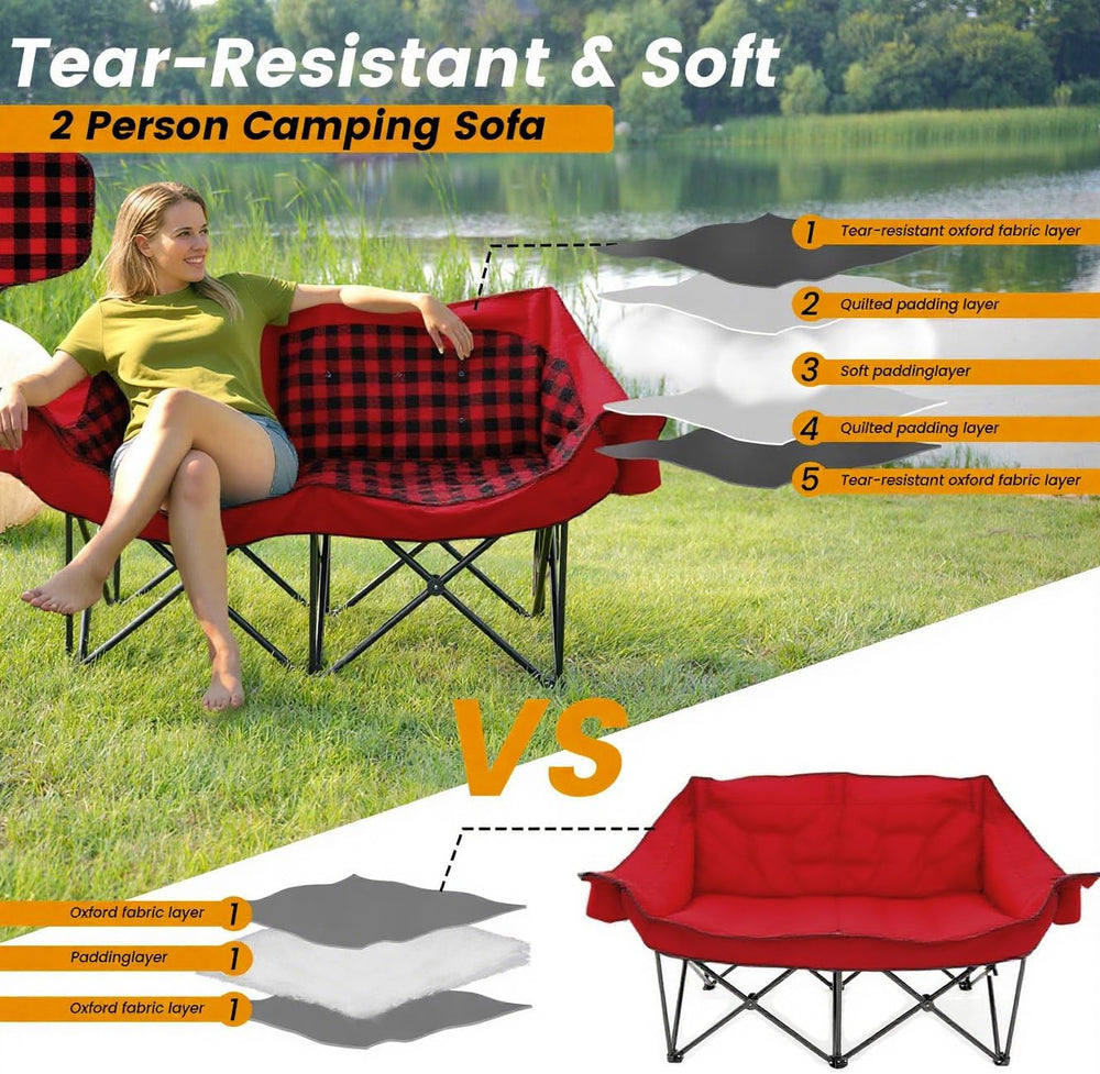 Heated Double Camping Chair with 2 Battery, Padded Camping Couch with 3 Heat ...
