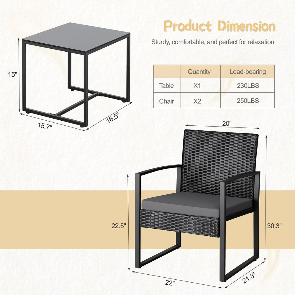 Greesum 3 Piece Wicker Conversation Bistro Sets Outdoor Patio Set(Grey)
