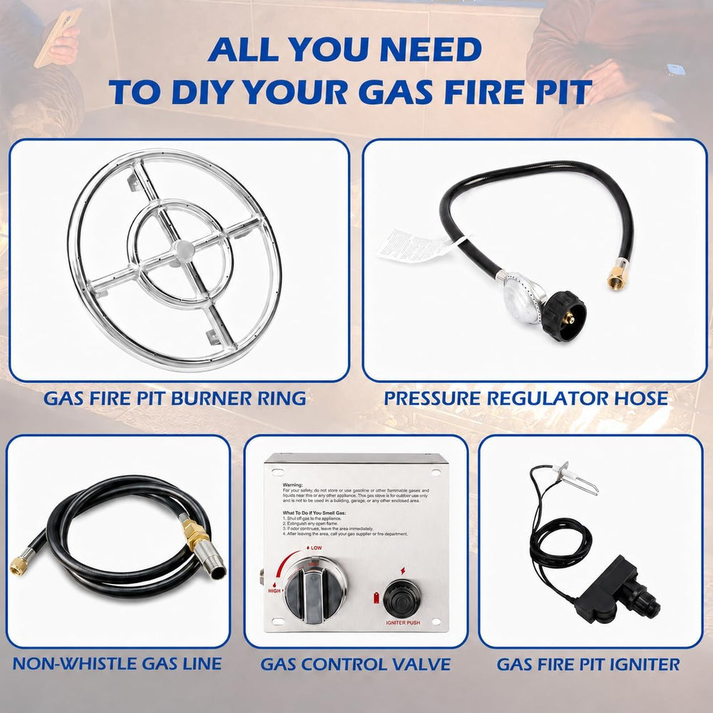 GRISUN 12 Inch Fire Pit Burner Ring Kit, DIY Round Gas Fire Pit Kit