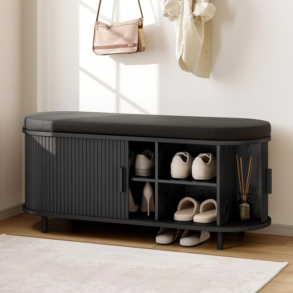 ONBRILL 43" Shoe Bench with Storage, Fluted Shoe Storage Bench, Black
