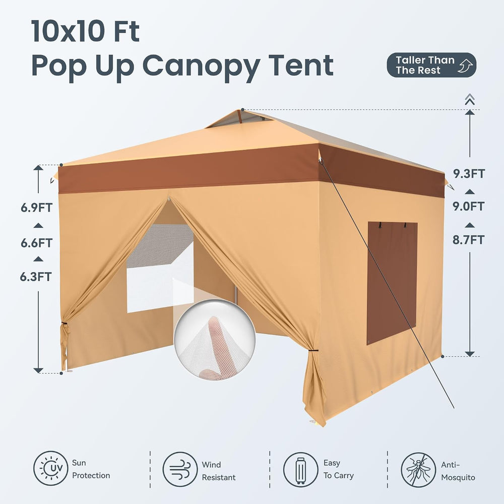 PHI VILLA 10x10 Pop Up Canopy Tent with Sidewalls, Easy Tents Instant Shade