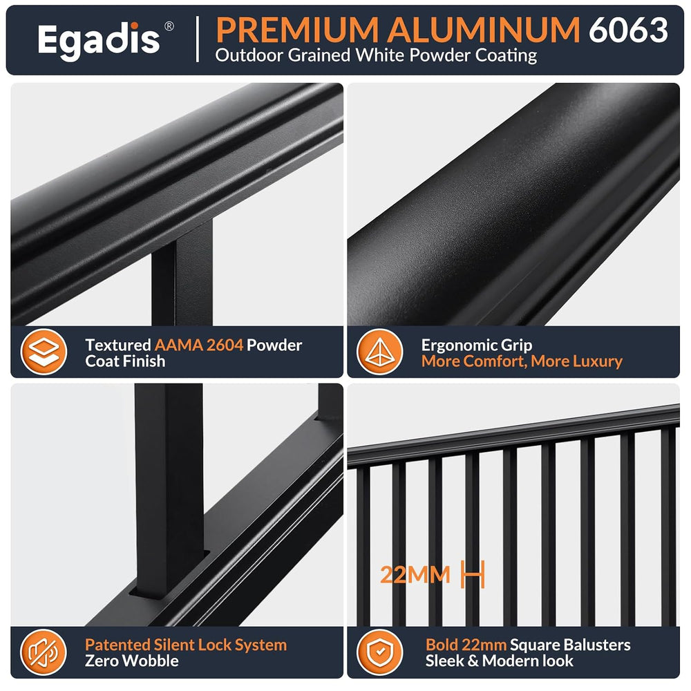 Egadis 1 Pack 36 in x 8 ft Aluminum Porch and Deck Railing Kit Without Post