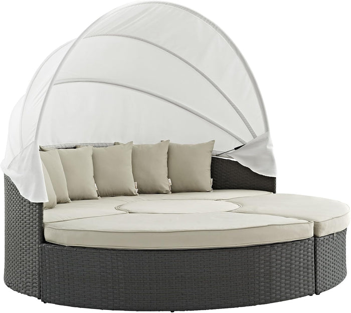 Modway Sojourn Outdoor Patio Sunbrella Sectional Daybed with Canopy in Antique Canvas Beige