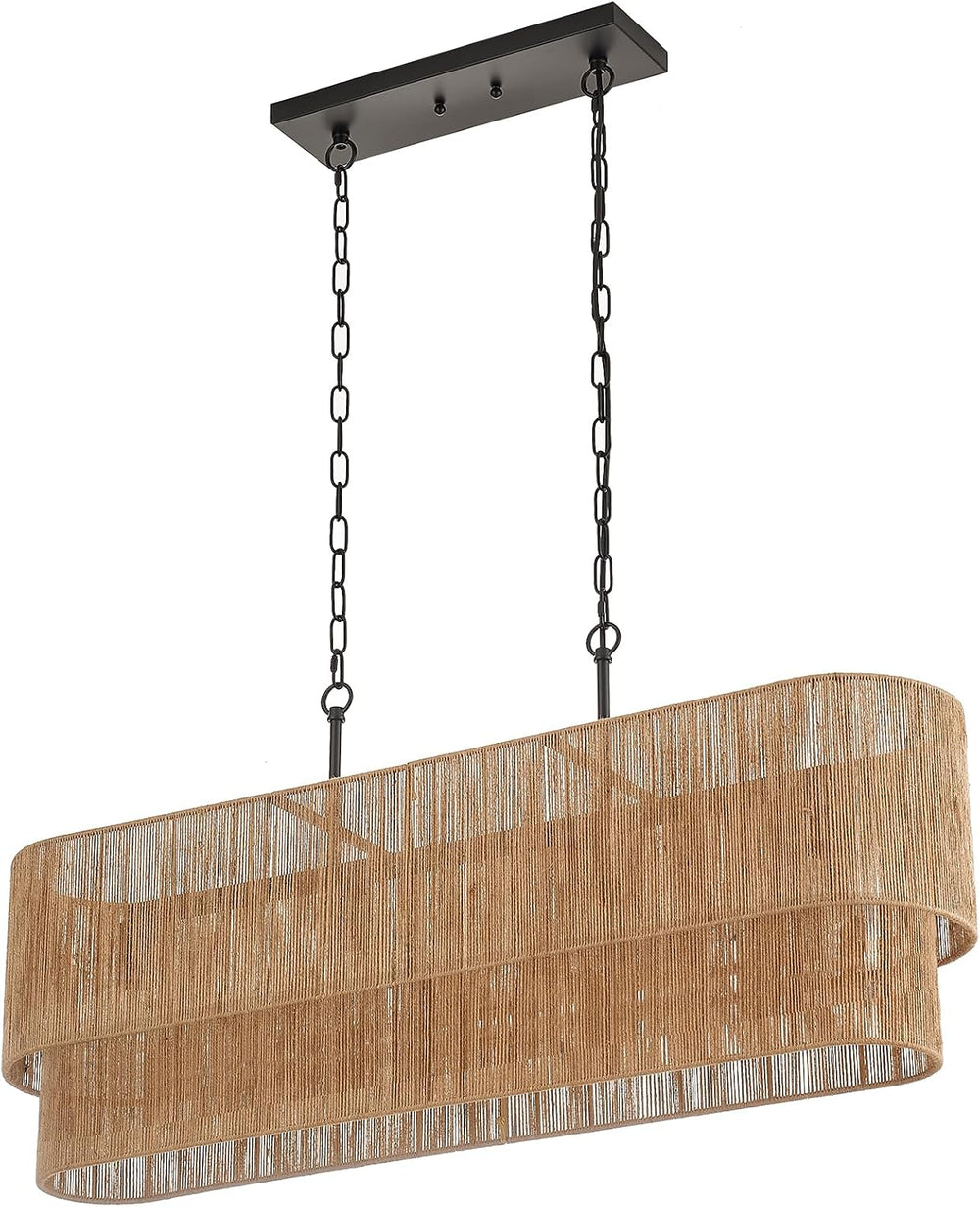 42” Boho Chandelier Coastal 2 Layers Hand Woven Rattan Pendant Light Linear L...