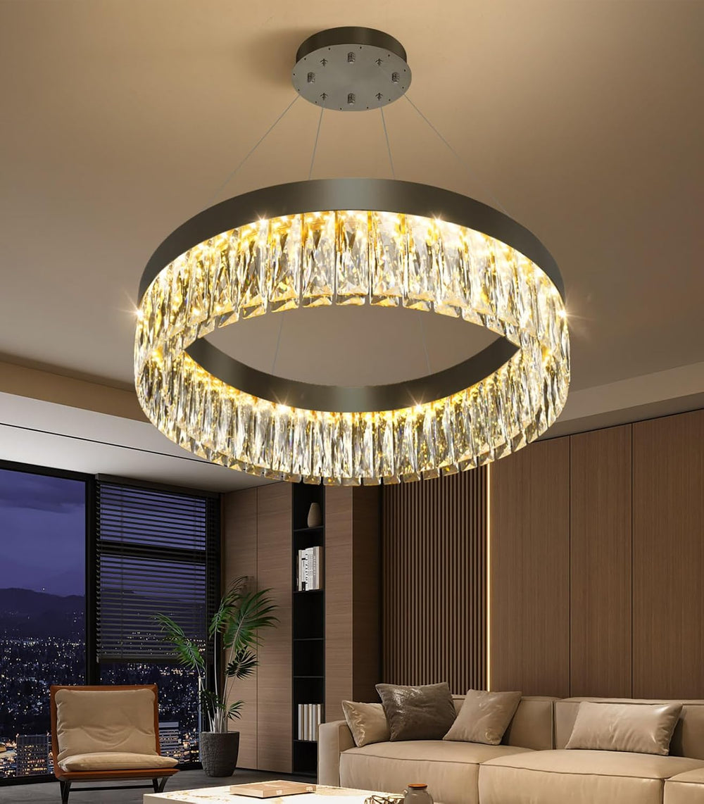 23.6" 1 Ring Modern LED Dimmable Ring Chandelier Adjustable Round Crysta...