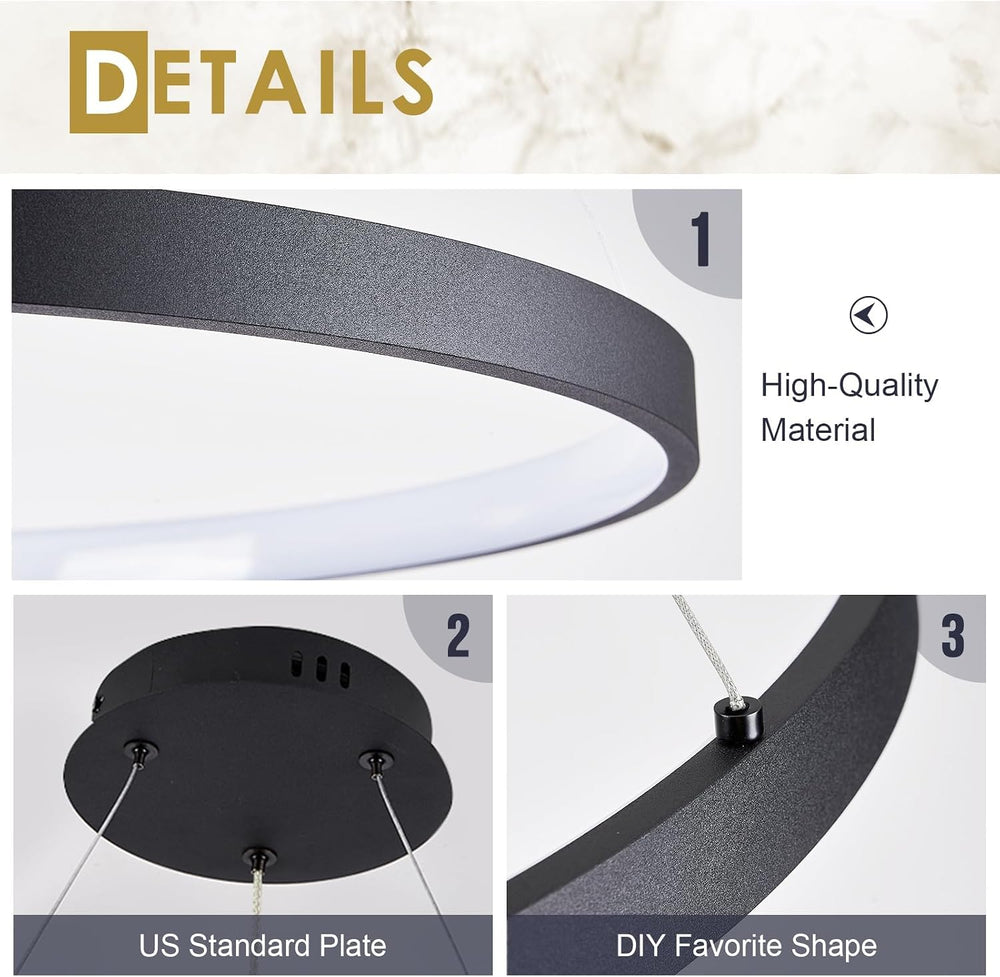 Modern LED Pendant Light Black Ring Chandelier 24" Dimmable Flush Mount ...