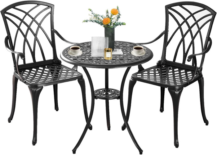 Bistro Set 3 Piece Outdoor,Cast Aluminum Outdoor Bistro Set,All Weather Bistro Table and Chairs Set of 2 with 1.97" Umbrella Hole,Patio Bistro Sets for Garden(Woven Black)