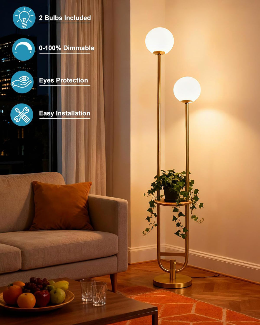 Lightdot 63IN Gold Floor Lamp with Table 2 Globe Mid Century Standing Lamps w...