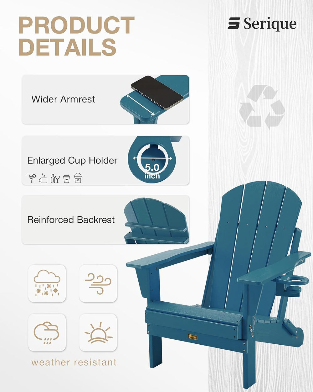 Folding Adirondack Chair Wood Texture, Patio Chairs Weather Resistant, Outdoo...