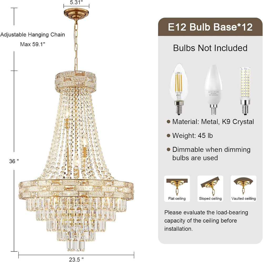 Luxury Gold Crystal Chandeliers 12 Lights Modern Chandelier for High Ceilings...