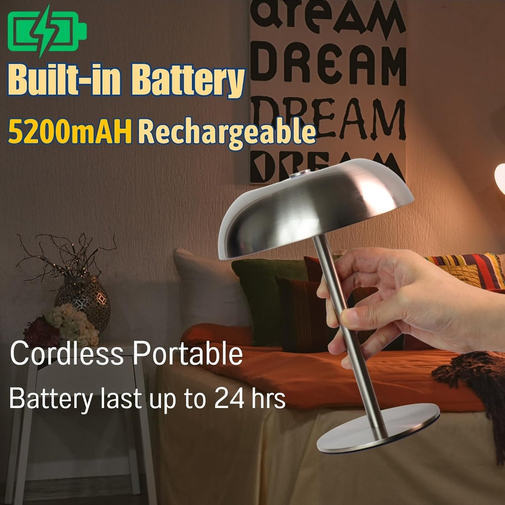 Cordless 11" Mushroom Table Lamp with Dimmable 3 Color, 5200mAh, Gold
