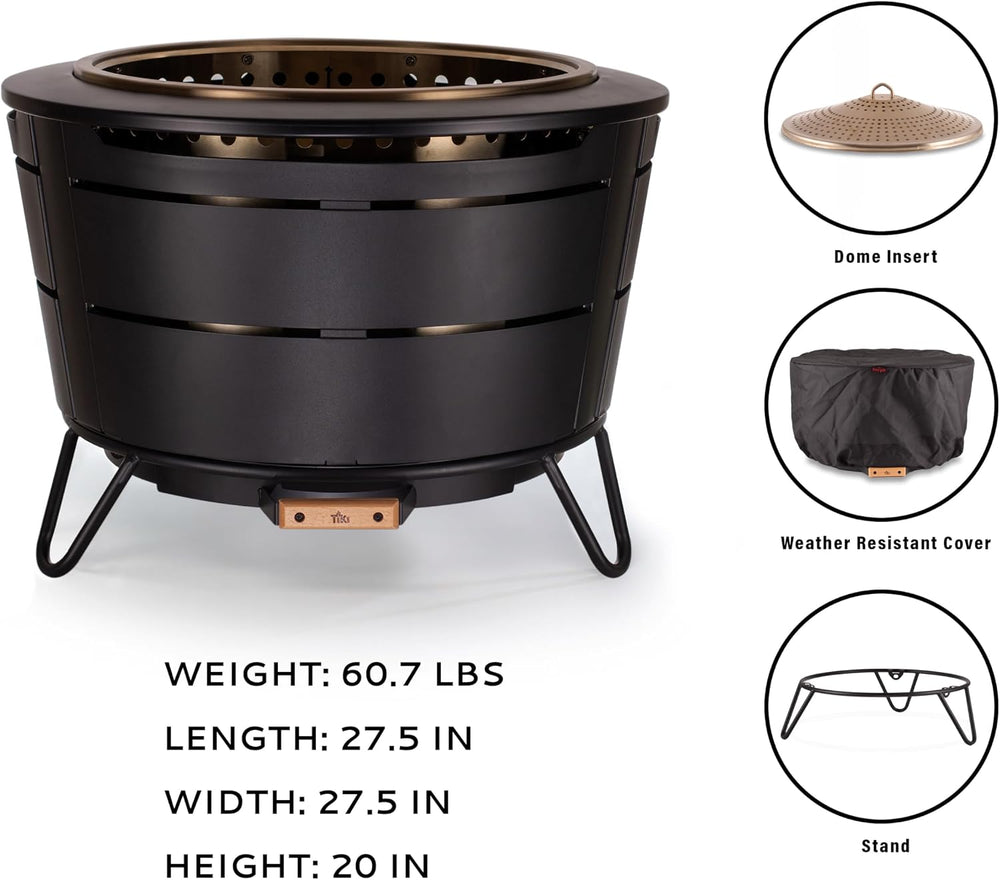 TIKI Reunion Smokeless Fire Pit, 27.5 in Wood Burning Fire Pit with Cover