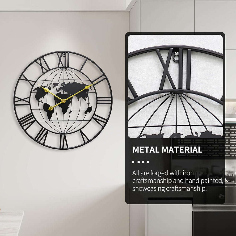 Large World Map Wall Clock,Metal Minimalist Decorative Modern Clock