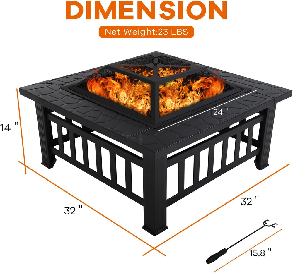 Fire Pit Table, Outdoor Fireplace Firepit Camping Accessories 32 in Square Sm...