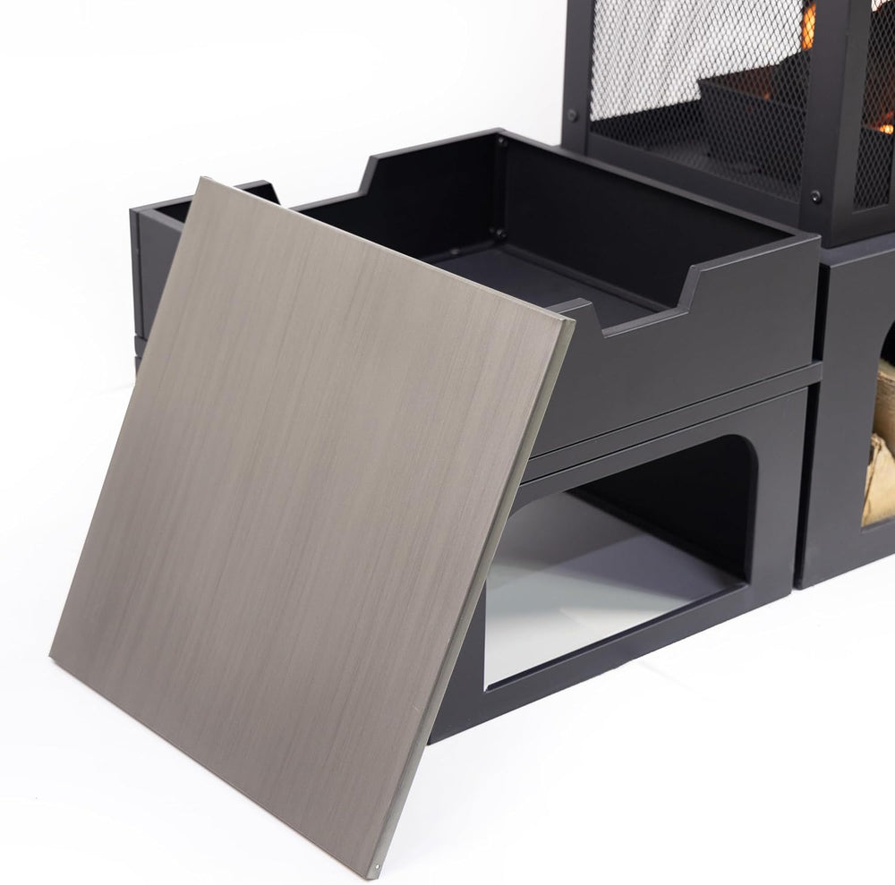 70 Inch Rectangular Outdoor Steel Woodburning Fireplace with Side Tables - In...