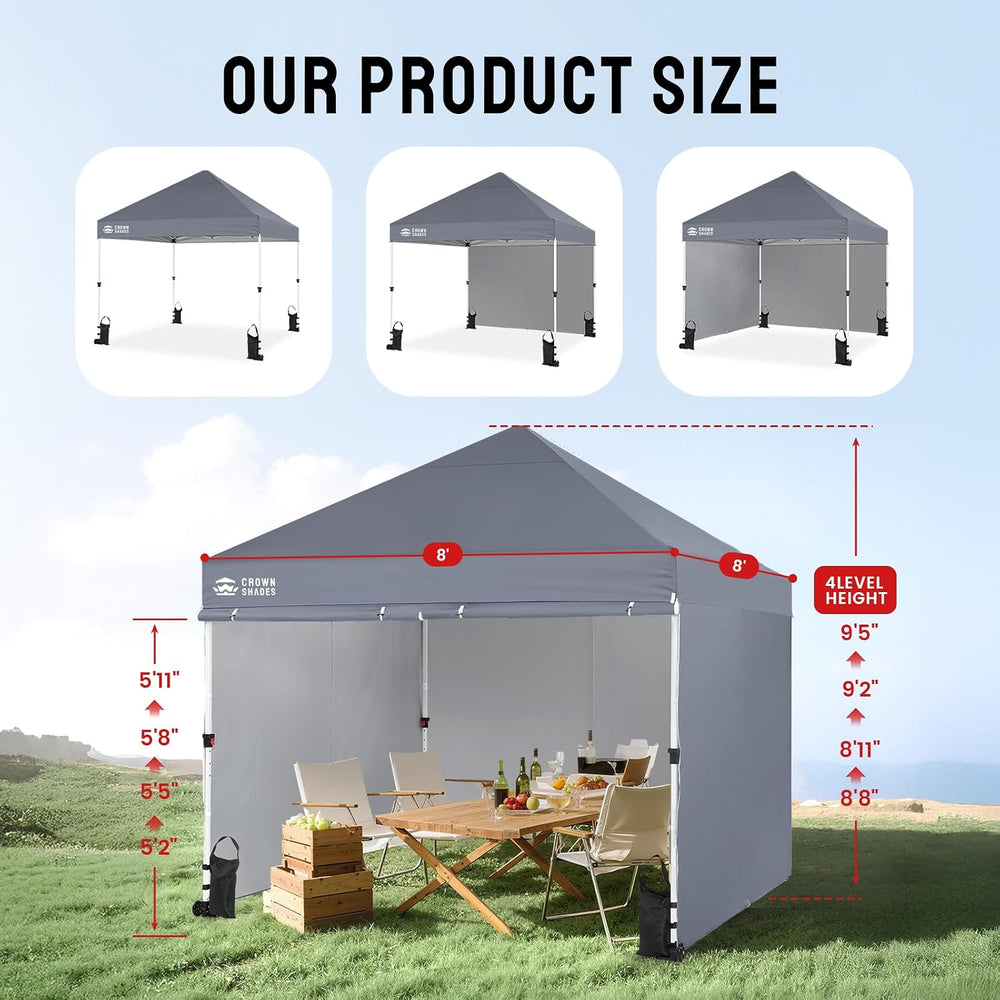 CROWN SHADES 8x8 Commercial Pop Up Canopy Tent with Sidewalls, Gray
