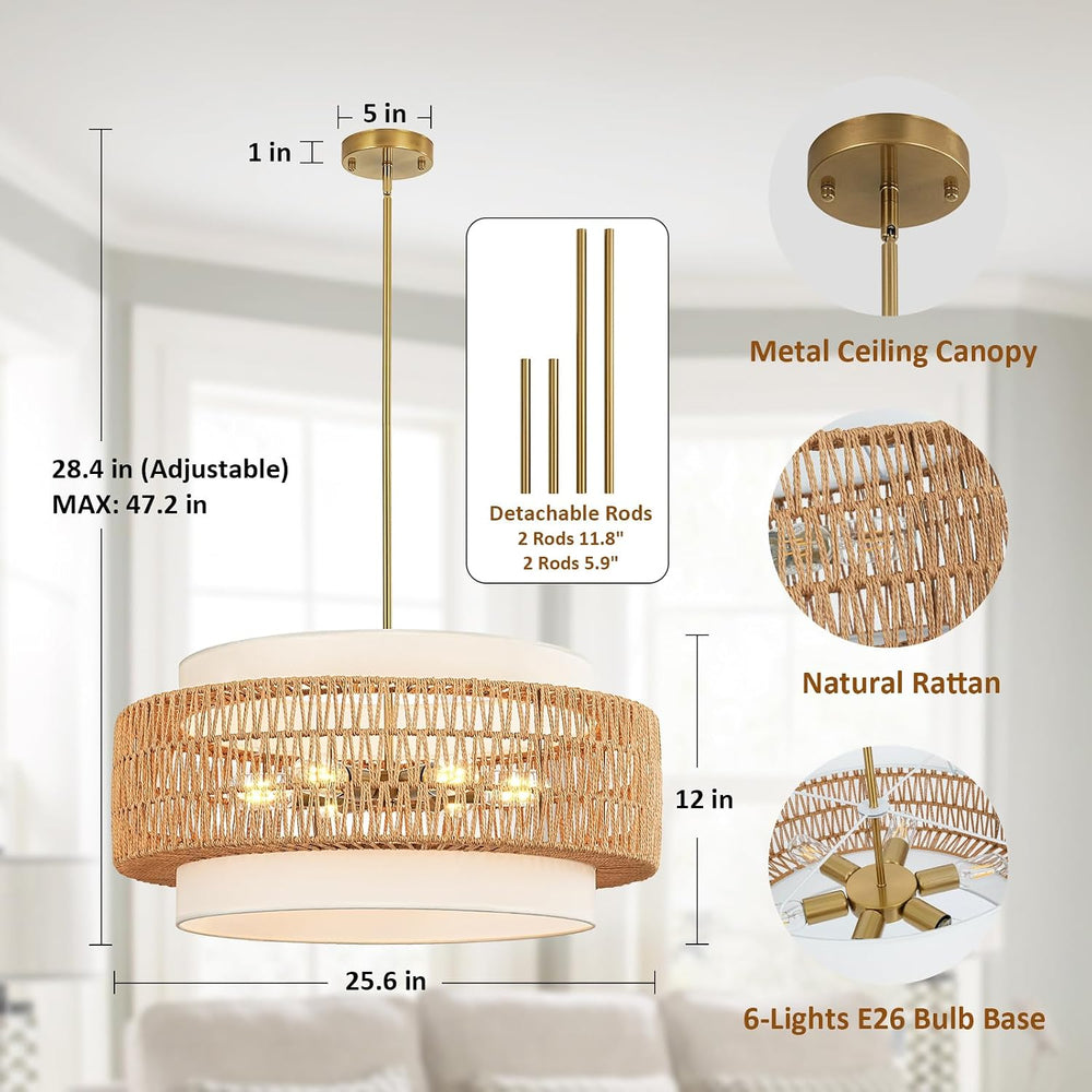 6-Light Rattan Chandelier for Dining Room, 25.6" Boho Pendant Hanging Light