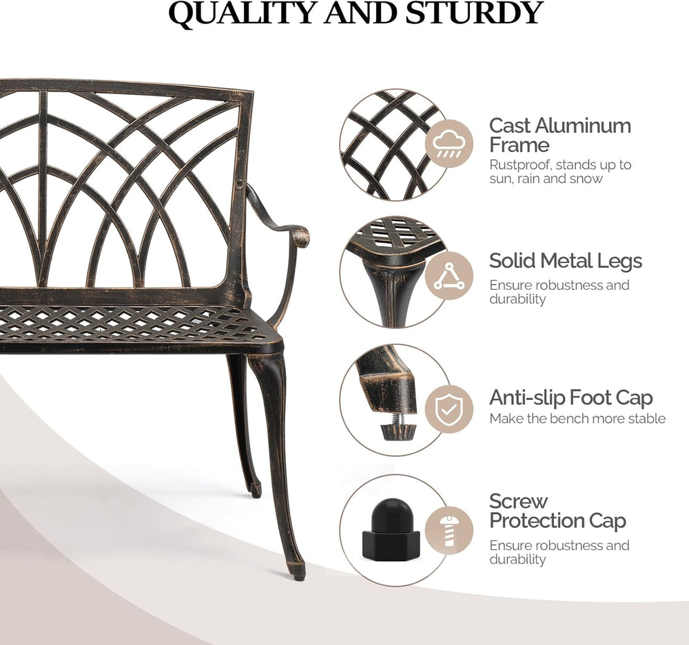 VINGLI 38" Outdoor Metal Bench, Cast Aluminium Garden Bench, Weatherproo...