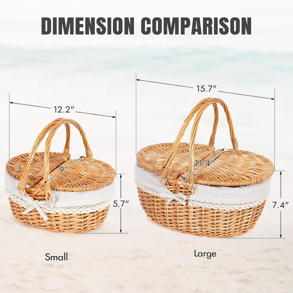 HappyPicnic Wicker Picnic Basket with Handle & Lid, 15" Vintage Hand...