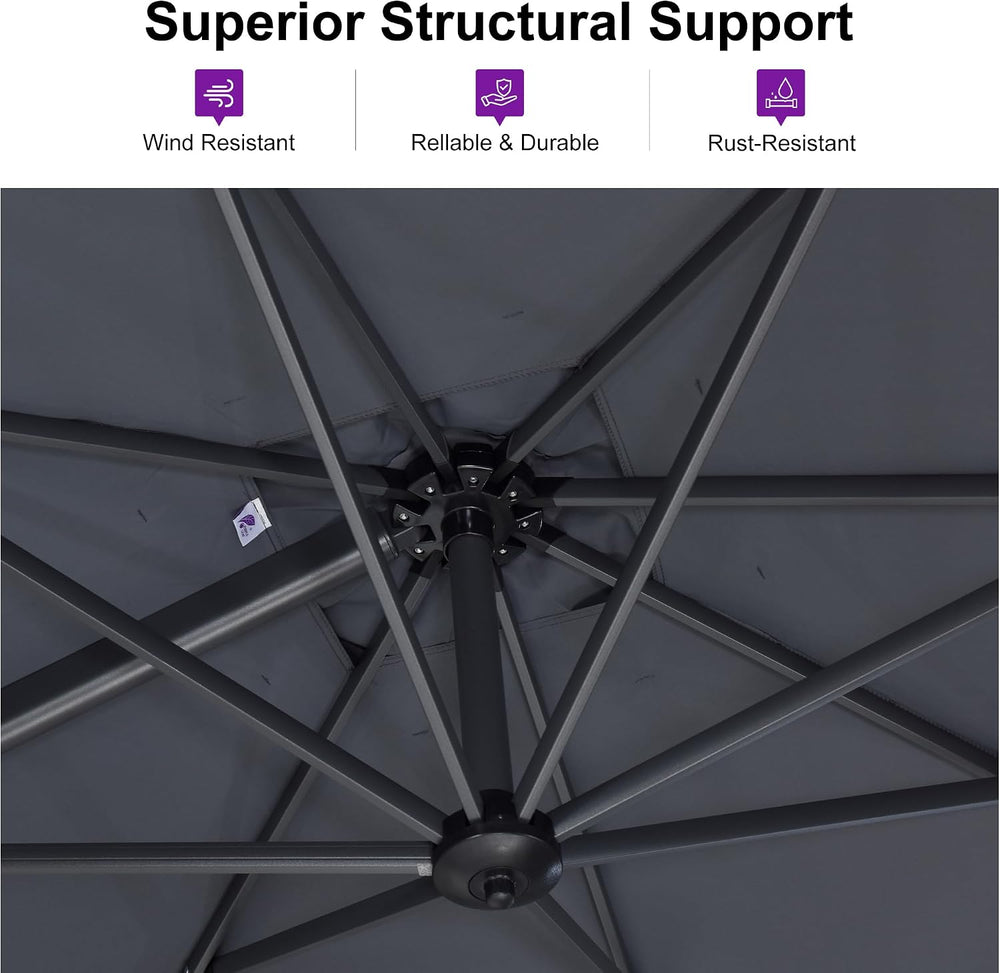 PURPLE LEAF Cantilever Umbrella 9' x 11.5' Rectangle 360° Rotation Grey