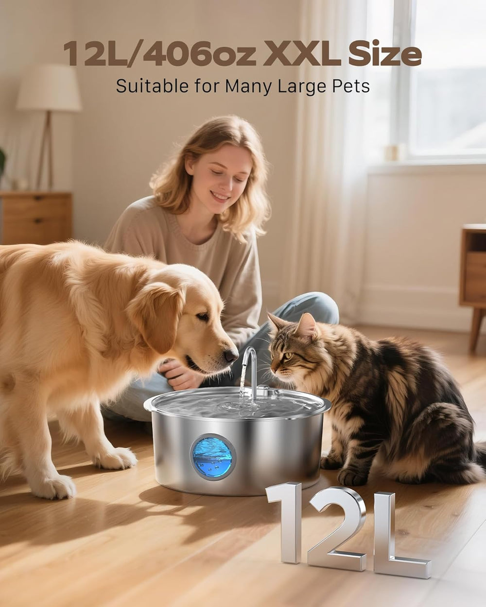 Dog Water Fountain for Large Dogs: Stainless Steel Dog Fountain Water Bowl