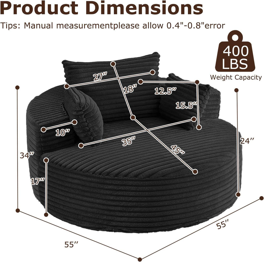 Oversized Round Chaise Longue Chair Indoor, Modern 55-inch Upholstered Cordur...