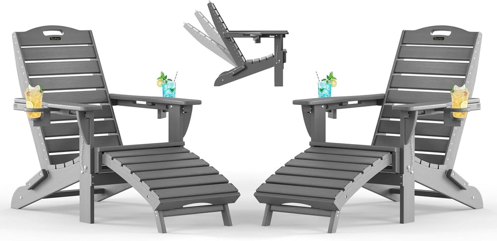 Adjustable Adirondack Chairs Set of 2 with Retractable Ottoman, HDPE Folding ...
