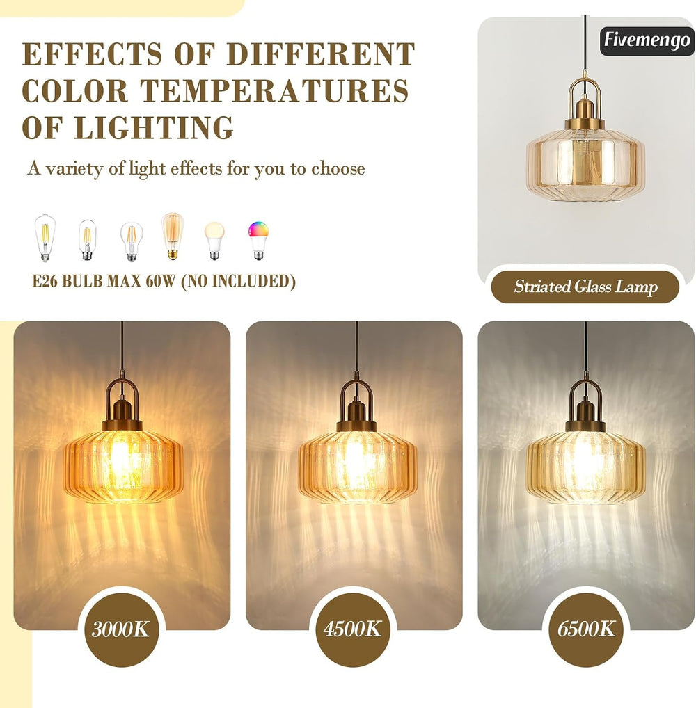 11.8in Mid Century Modern Pendant Light, Gold Large Amber Glass