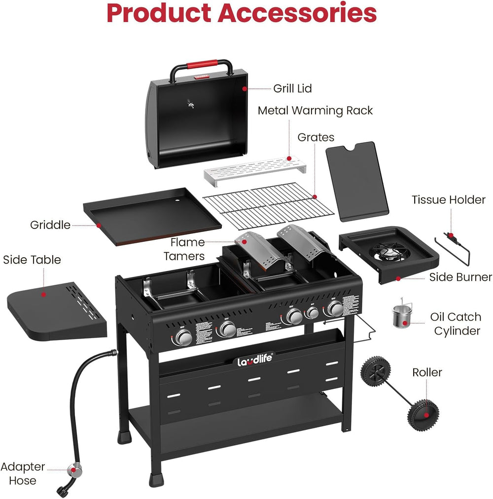LAUDLIFE 5-Burner Propane Grill Griddle Combo with Side Burner