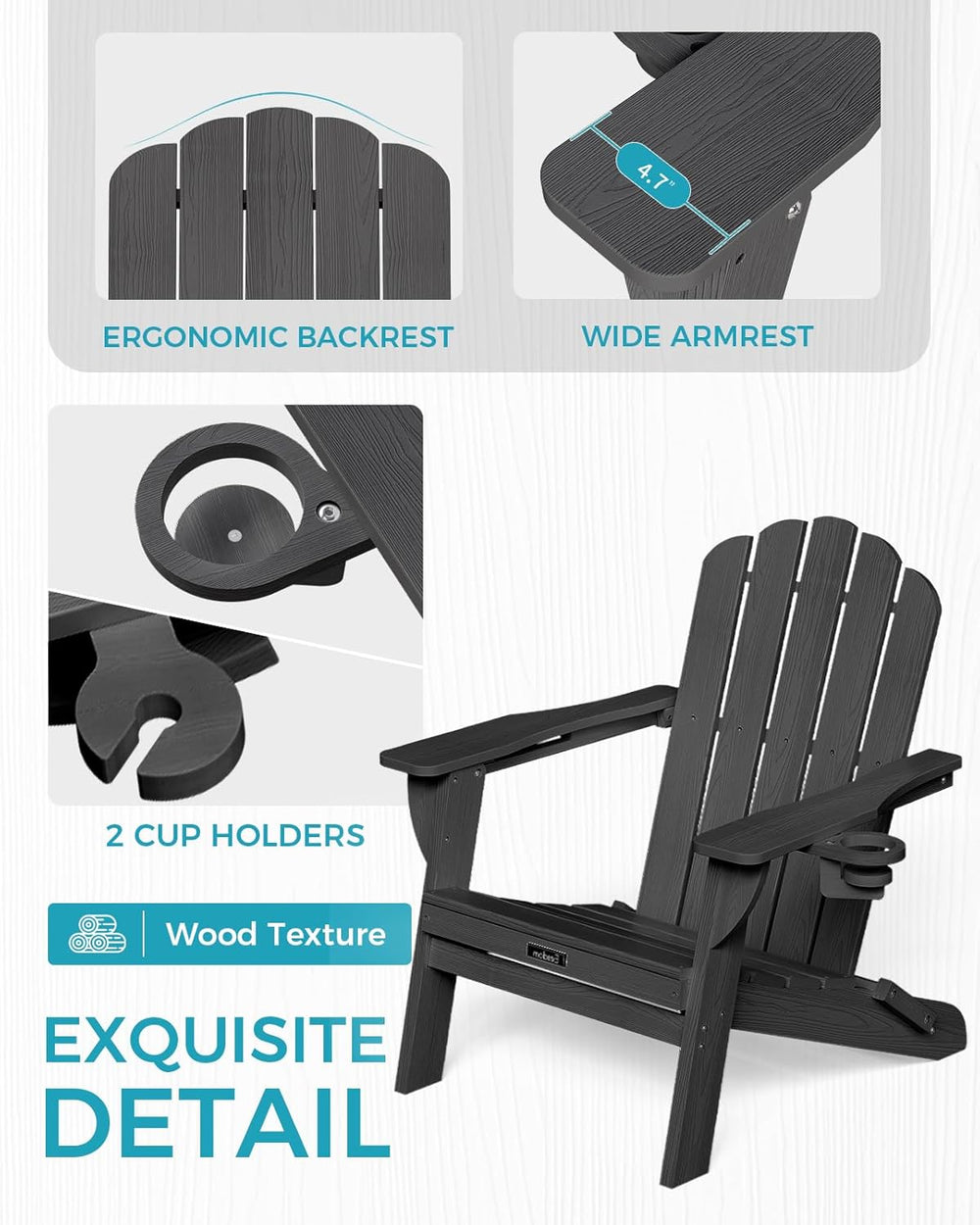 Folding Adirondack Chair, All-Weather HDPE Plastic Patio Chair with 2 Cup Hol...
