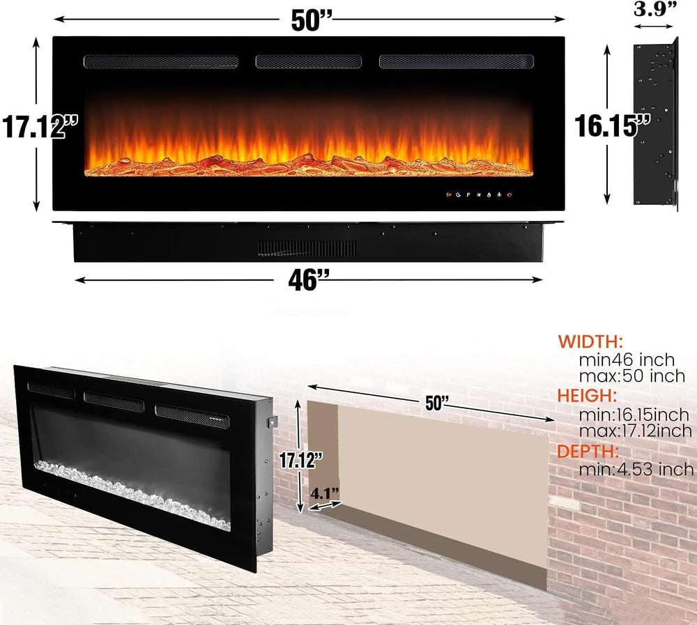 oneinmil Electric Fireplace, 50 inch Wide Recessed/Wall Mounted Electric Fire...