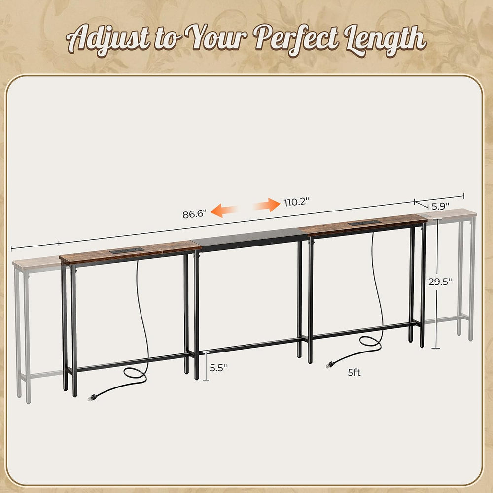 Huuger Narrow Sofa Table with 2 Power Outlets, 86.6-110.2 Inch Adjustable Len...