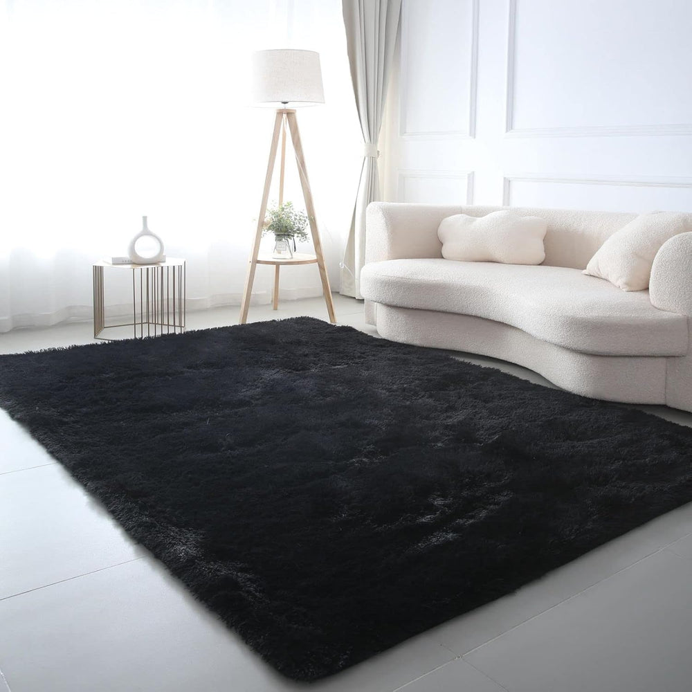 Black Shag Area Rug 6x9 for Living Room - Soft Non-Skid Carpet Modern Decor