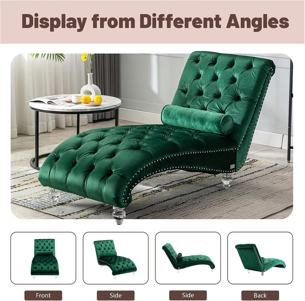 Chaise Lounge Chair Indoor Emerald Velvet Upholstered Button Tufted Chaise Lo...