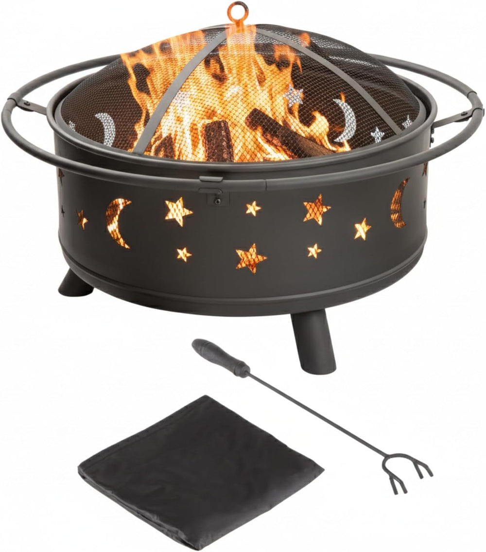 Fire Pit - 32-Inch Outdoor Wood Burning Firepit with Screen, Poker, and Cover...