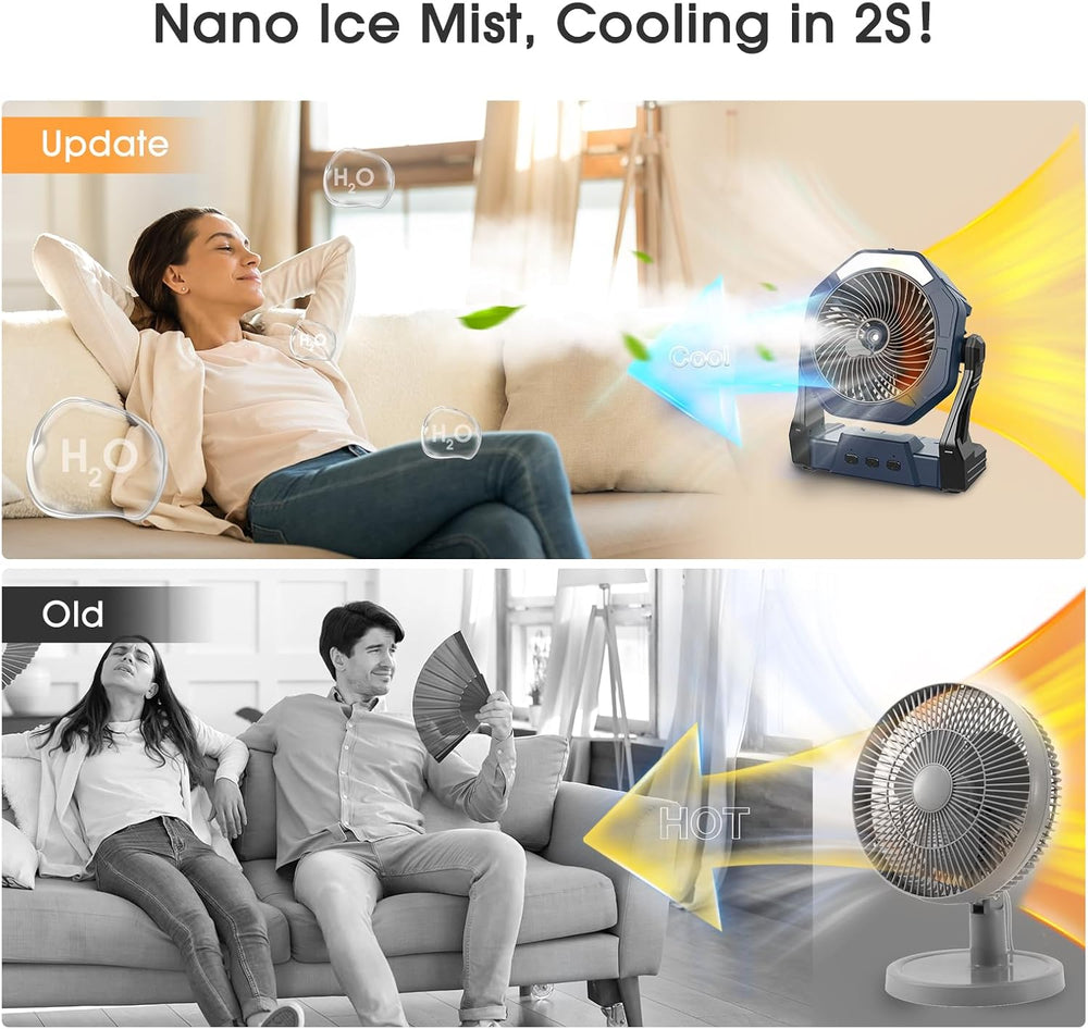Ausic Portable Misting Fan, Outdoor Rechargeable Fan, LED Light, Hook, 35H