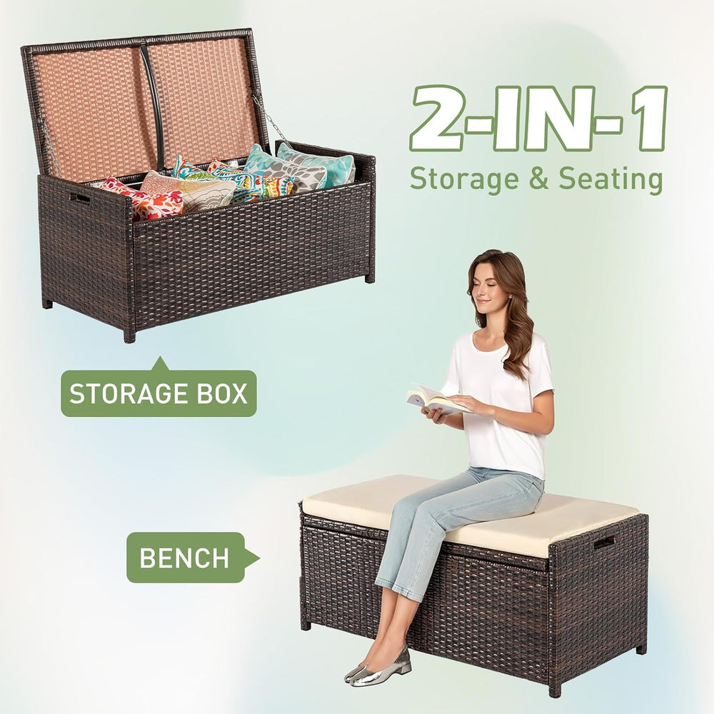Tappio Deck Box Outdoor Storage Box Bench, PE Rattan Storage Bin with Built-i...