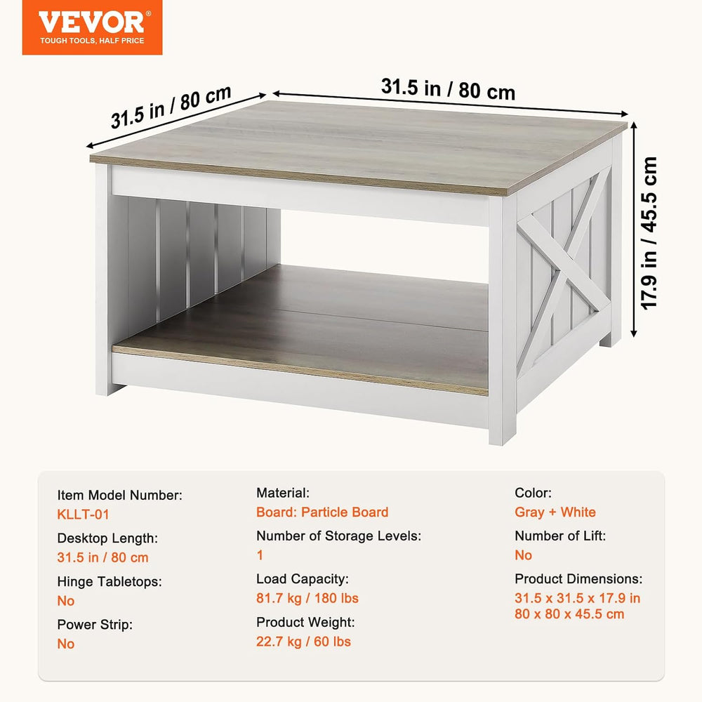 VEVOR 31.5" Farmhouse Coffee Table, Square Coffee Table with Open Storag...
