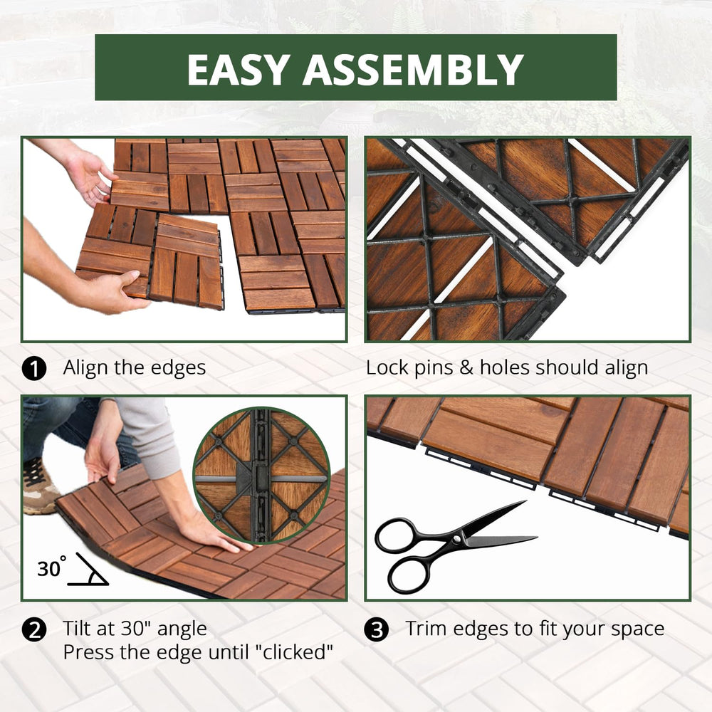BEEFURNI Interlocking Acacia Wood Deck Tiles 12x12, 20PCS, Brown