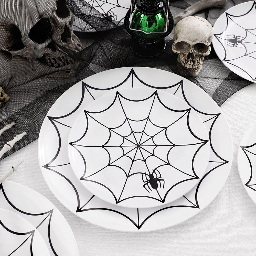 WDF 60Pieces Halloween Plates Disposable Plastic - White and Black with Cobwe...