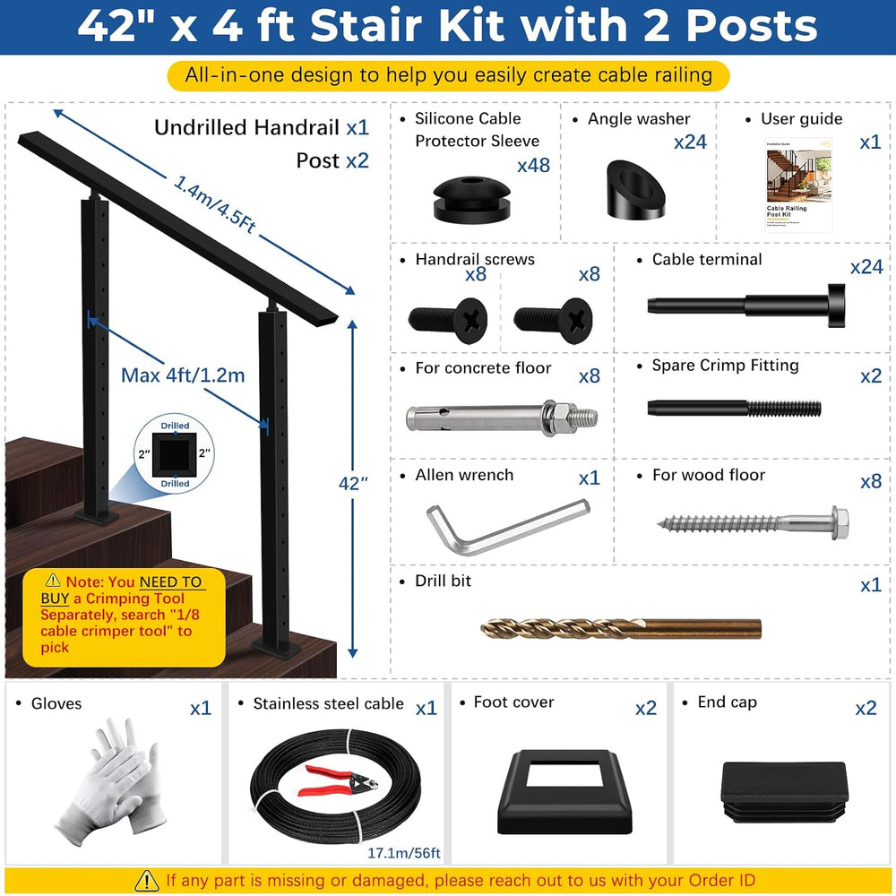 2ft-4ft Modular 42in Cable Railing System for Stair with Handrail