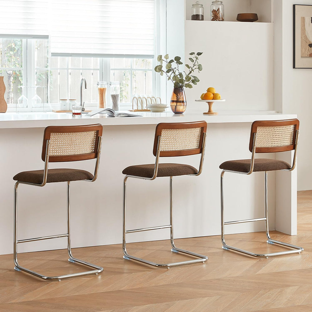 GrandNoor Natural Rattan Counter Height Stools Set of 3 with Solid Wood Back,...