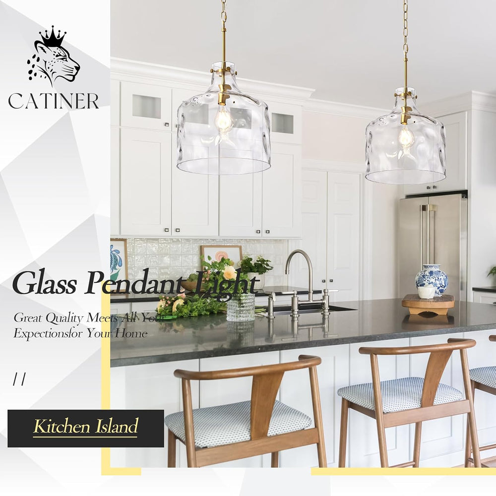 CATINER 16" Farmhouse Hammered Glass Pendant Light, Gold Hanging Light