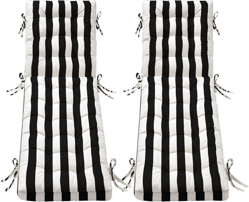 Folding Chaise Lounge Cushion Quick Dry(Black-White Stripe,72IN×21IN-2PACK)