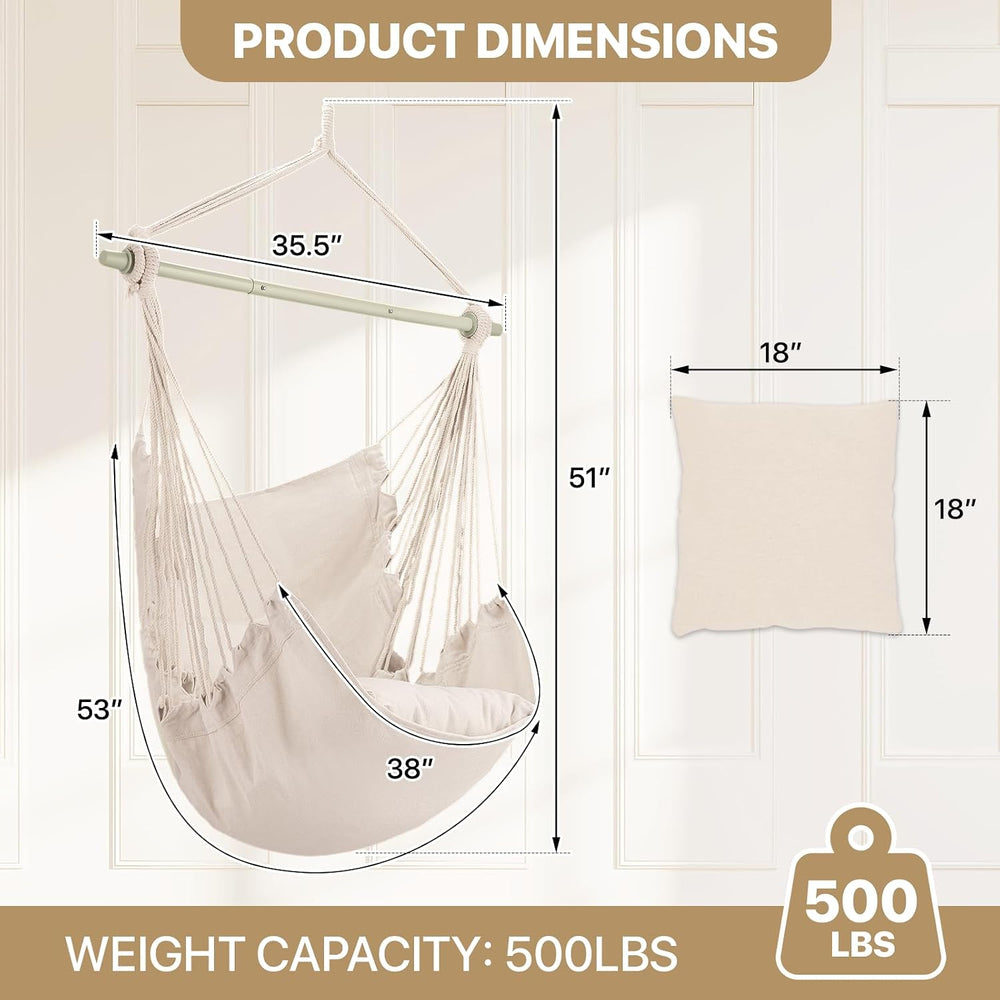MoNiBloom Hammock Chair Hanging Rope Swing w/2 Cushions, Beige