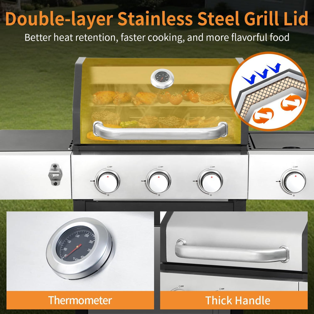 3 Burner Propane Gas Grill, 39,000 BTU Outdoor BBQ Grill with Side Burner and...