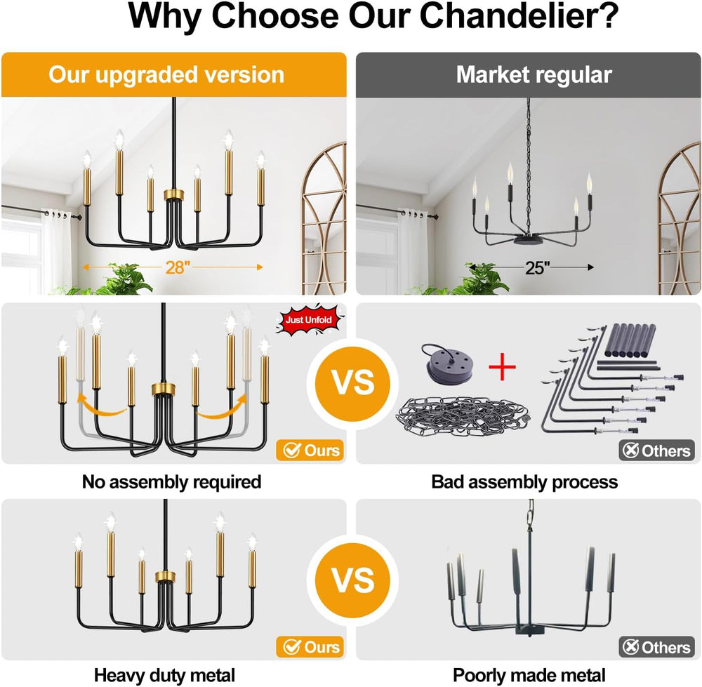 Black and Gold Chandelier, 6-Light Farmhouse Chandelier for Dining Room Light...