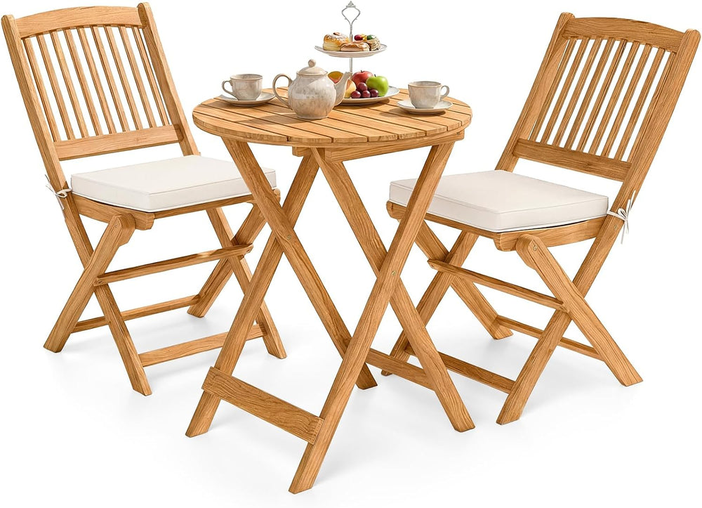 GIANTEX 3 Pieces Acacia Wood Bistro Set, Outdoor Folding Table & Chairs