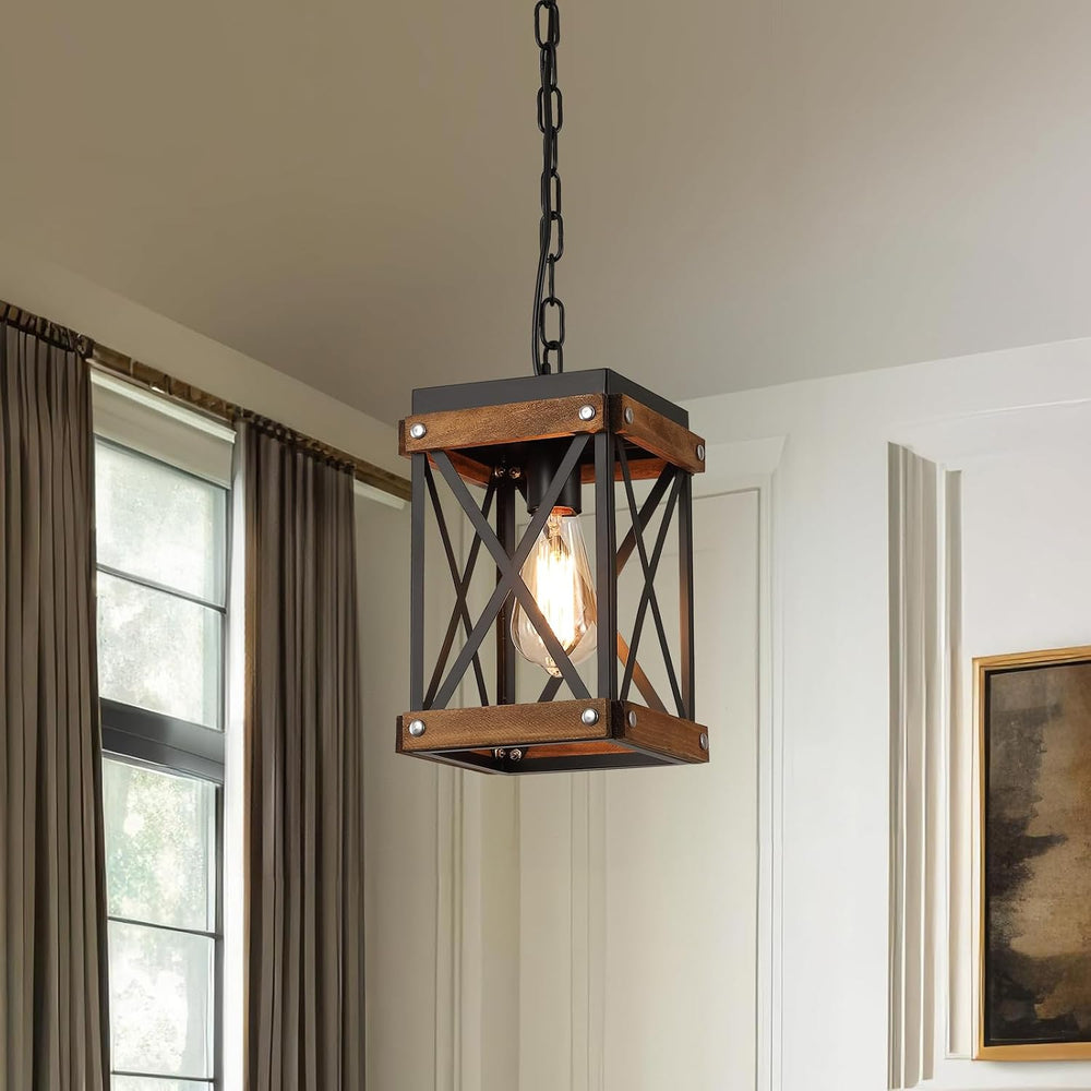 2 Pack Rustic Farmhouse Wood Pendant Light Fixture One-Light Adjustable Chain...